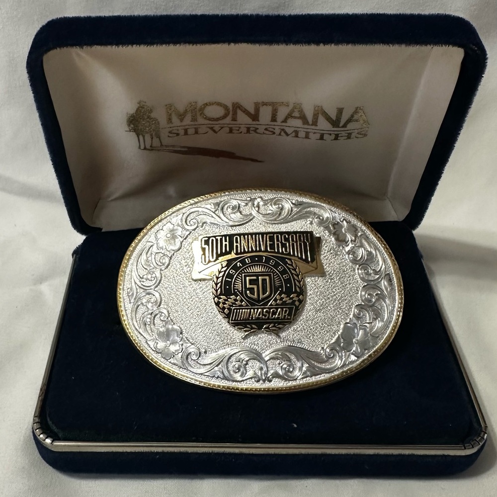 Montana Silversmiths Silver 1998 NASCAR 50th Anniversary Belt Buckle.